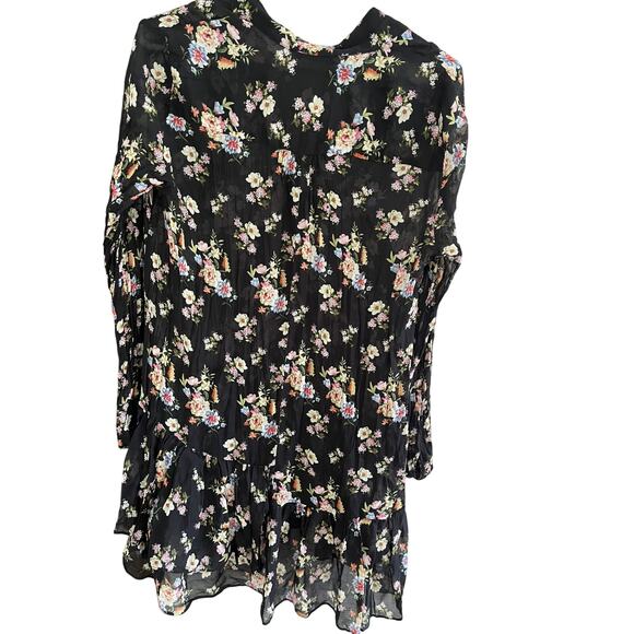 Zara Woman L Black Floral Mini Dress Flowy Asymmetric Ruffle Delicate Whimsygoth - Picture 6 of 8